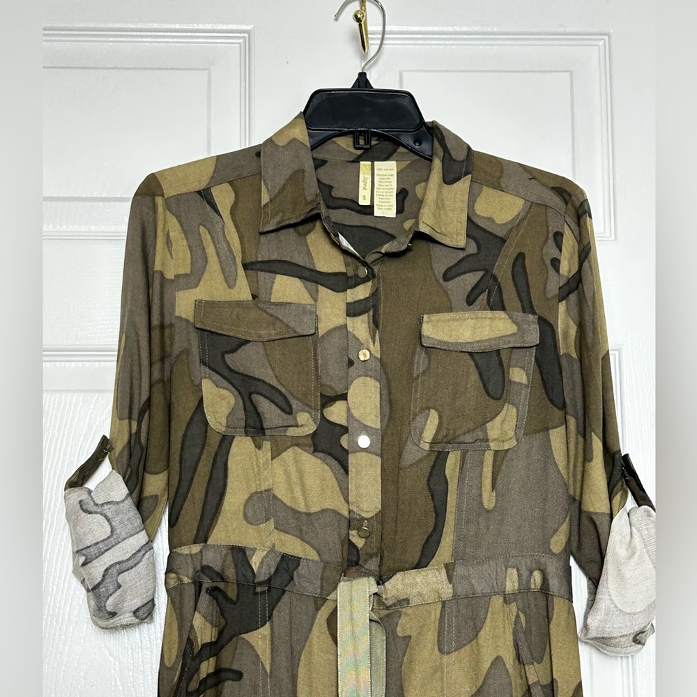 Japna Women’s Small Camo Shirt Dress Long Sleeve Button Front Tie Waist - Picture 7 of 14